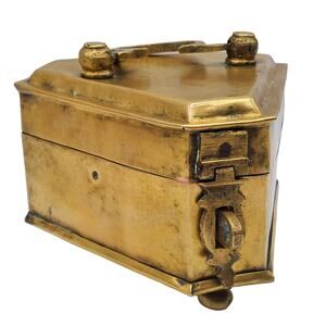 Brass Hinged Box Triangle Shape India Vintage Handled Basket Rustic Storage
